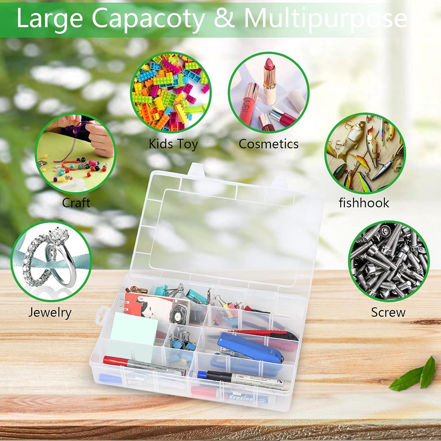 Large 24 Grids Plastic Organizer Box Adjustable Dividers,Clear Storage Box for Jewelry, Art DIY Crafts, Washi Tapes, Beads and Small Parts