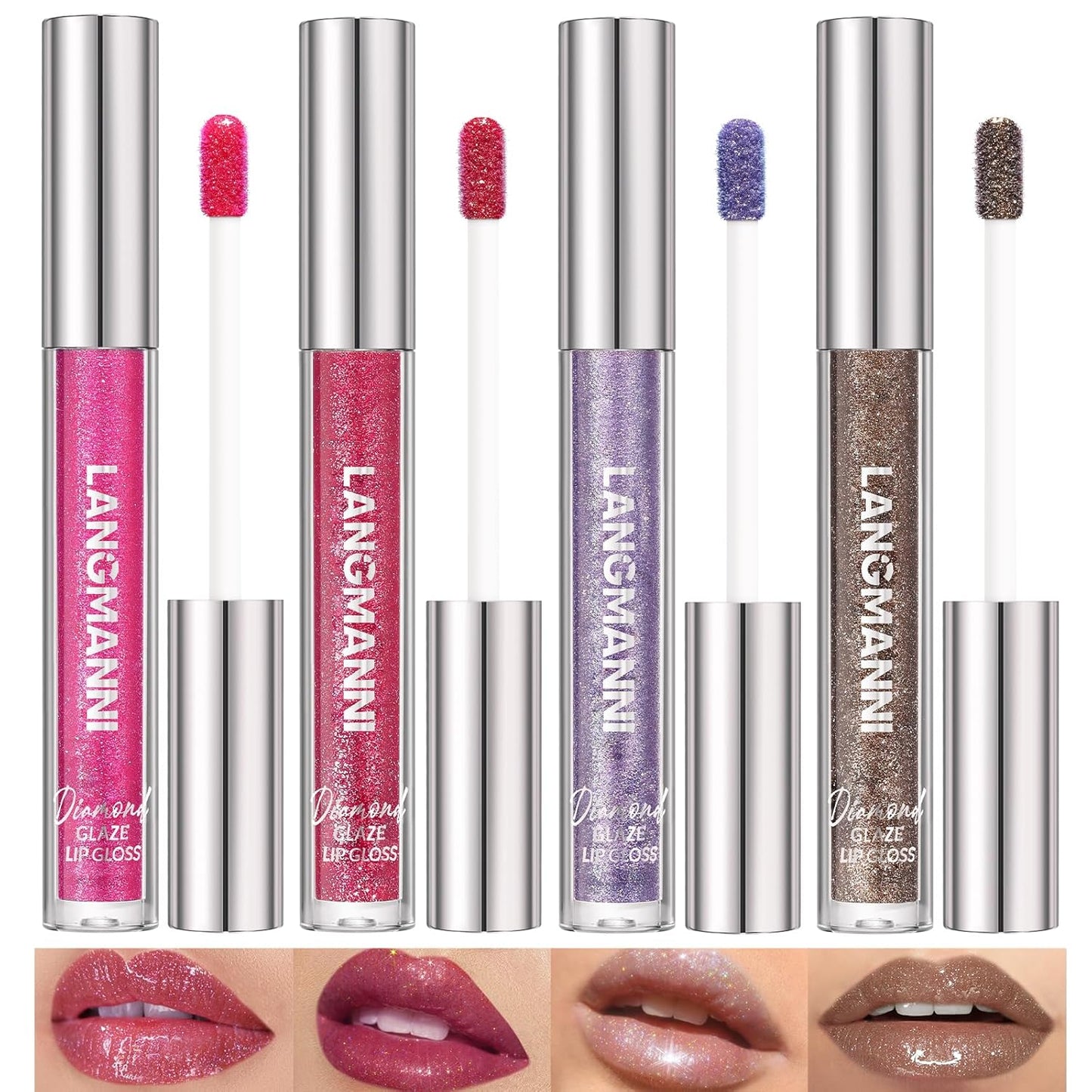 LANGMANNI 4 Colors Diamond Glitter Lip Gloss Set,Long Lasting High Shine Shimmer Liquid Lipstick Set,Hydrating,Moisturizing Lip Gloss Kit Gift Makeup For Girls(#05+06+07+08)