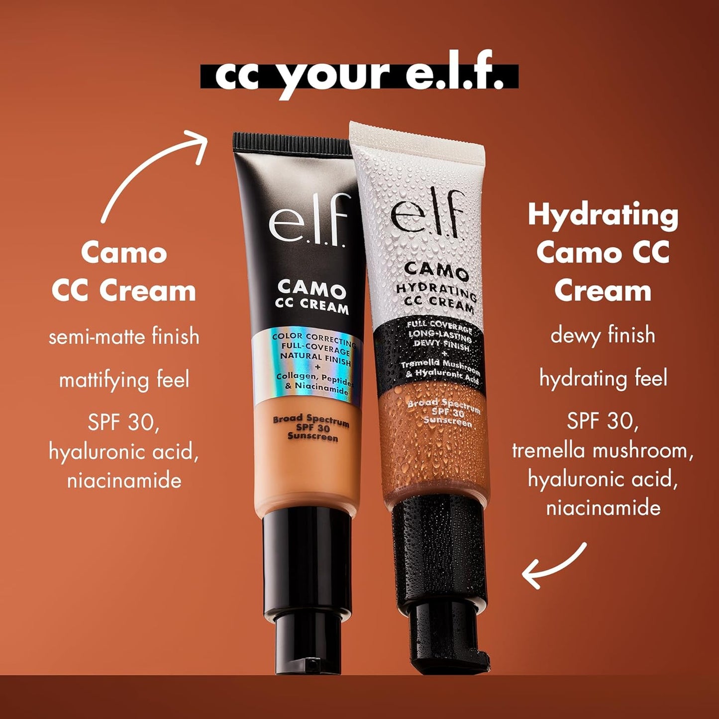 e.l.f. Hydrating Camo CC Cream, SPF 30, Color Correcting Full Coverage Foundation For A Dewy Finish, Vegan & Cruelty-Free, Deep 560 C