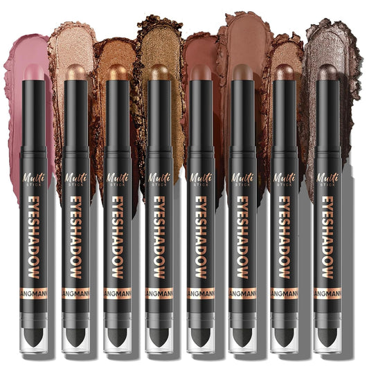 LANGMANNI 8Colors Dual-Ended Eyeshadow Stick Set – Silky Smooth, Waterproof & Transfer-Proof, Built-in Blender Brush, All-Day Matte & Shimmer Wear Eye Makeup(#B)