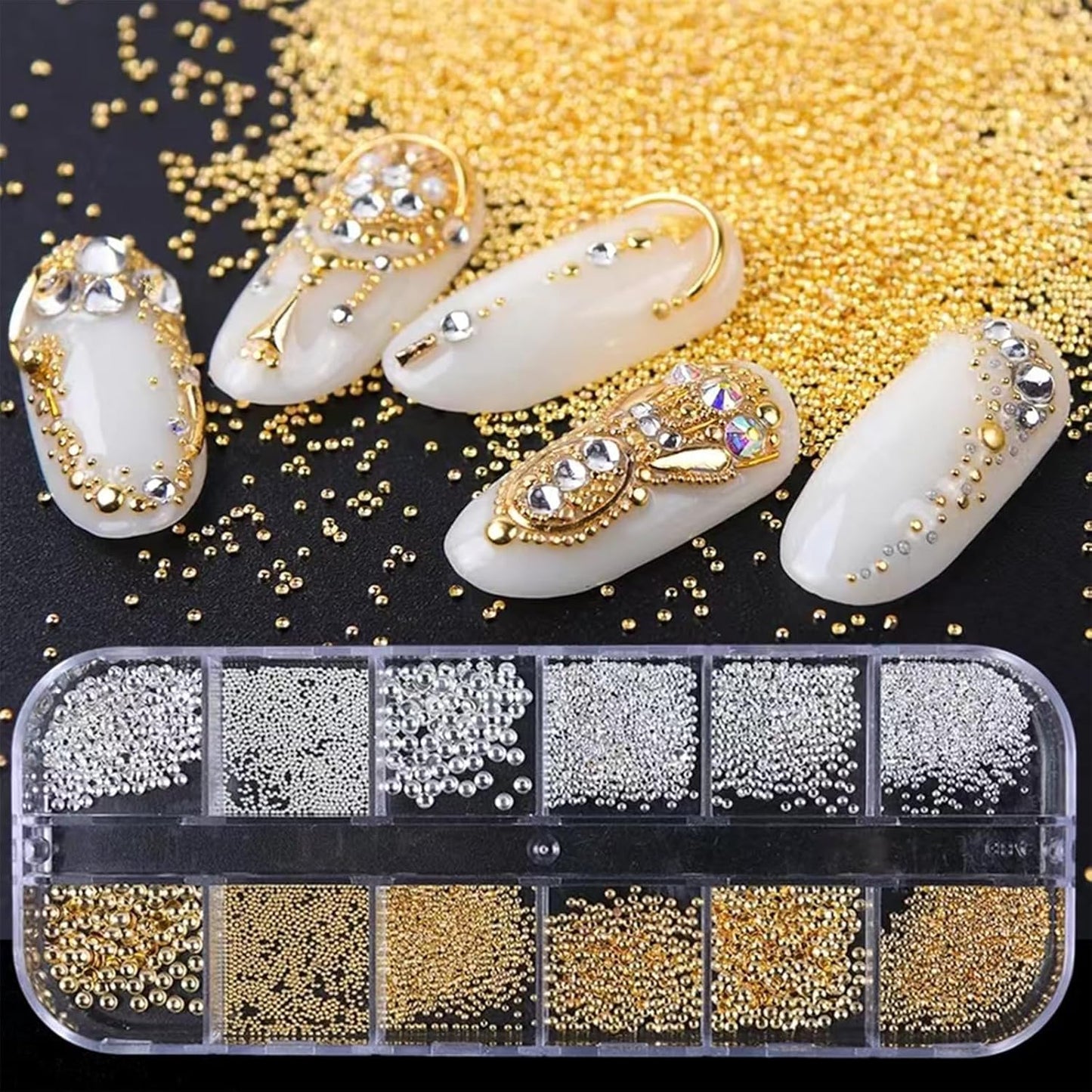Nail Art Pearls with Rhinestones Glue Gel Flatback Pearls Nail Charms Luxurious Nails Supplies Accessories Gold Silver Gems Jewelry Pearl for Women Nails Design(Blue)