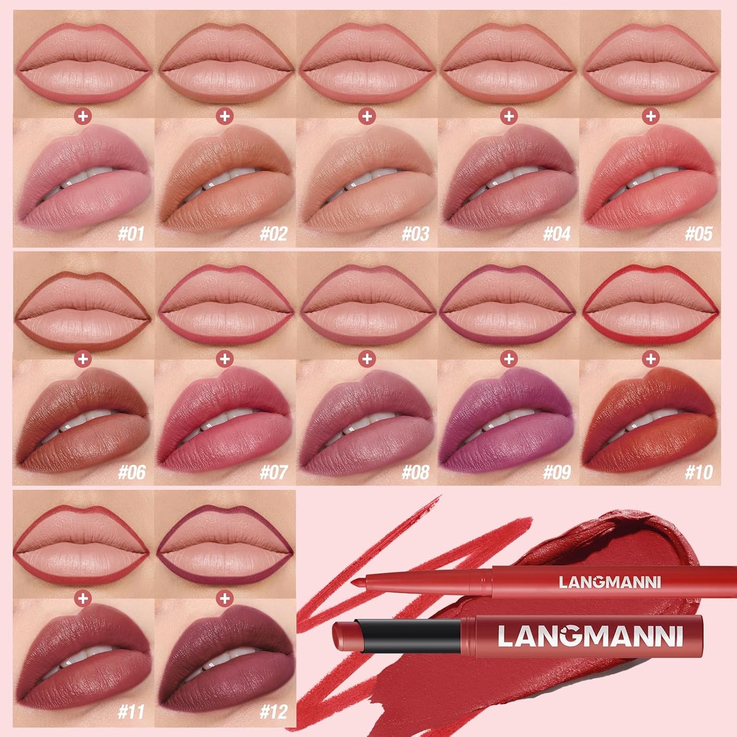 Jolilab 8Pcs Lip Set: 4 Colors Lip Liner+4 Colors Lipstick, Matte/Creamy,Smooth Creamy Texture,Long-Lasting,Bold/Nude Shades for Daily/Party, Vegan, Gift for Makeup Lovers.(#01+06+09+11)