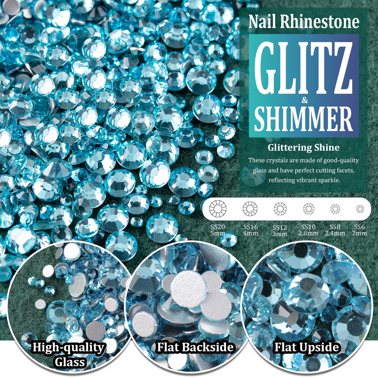 Multi Shapes Lake Blue 3D Glass Crystal Nail Art Rhinestones Kit with Flatback Round Bead Charm Gem Stone Jewelry Diamond with Pickup Pen + Tweezer for Manicure Makeup DIY Craft Decoration