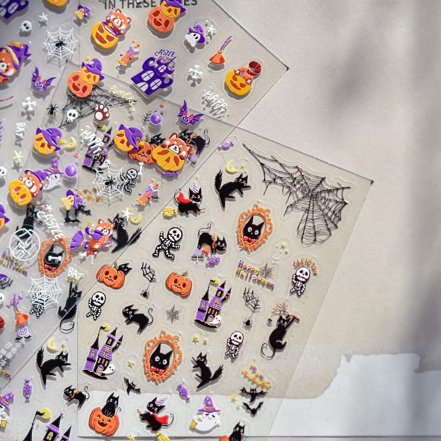 Halloween Nail Art Stickers 5D Self-Adhesive Embossed Nail Stickers Cute Pumpkin Nail Decals Haunted House Spider Web Nails Designs for Women Holiday DIY Manicure Decoration 1 Sheet
