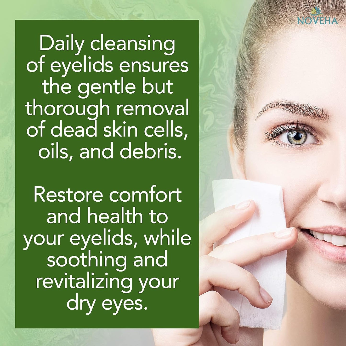 NOVEHA 120Pcs Tea Tree Oil Eyelid & Lash Wipes With Hyaluronic Acid, Green Tea & Chamomile For Blepharitis & Itchy Eyes, Individually Wrapped Eyelash Wipes, Natural Makeup Remover & Cleanser (2 Pack)