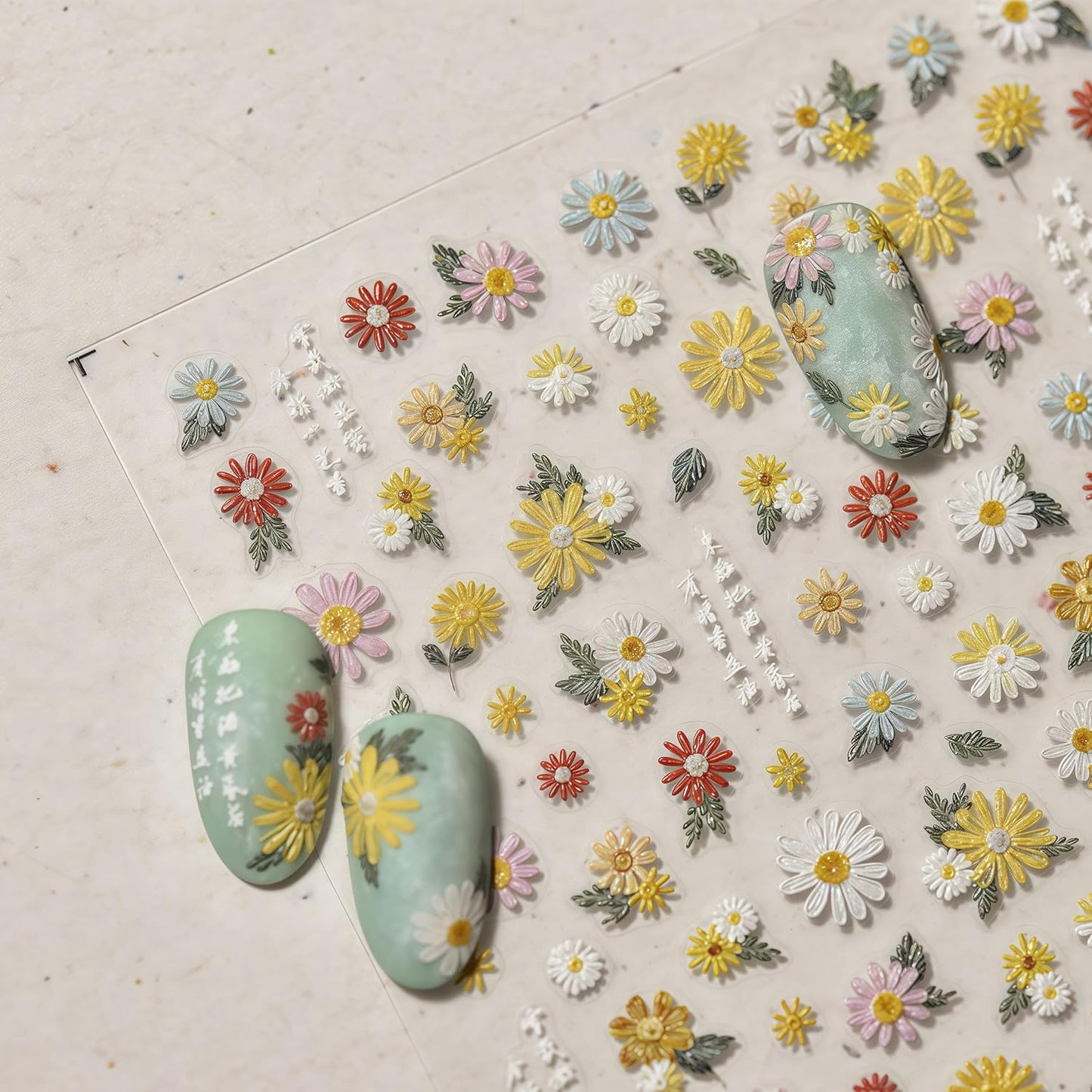 Colorful Flowers Nail Stickers 5D Self-Adhesive Embroidered Daisy Floral Design Decals Spring Daisy Flowers Nail Art Charms for Women DIY Decorations Exquisite Cardboard 1Sheets Set