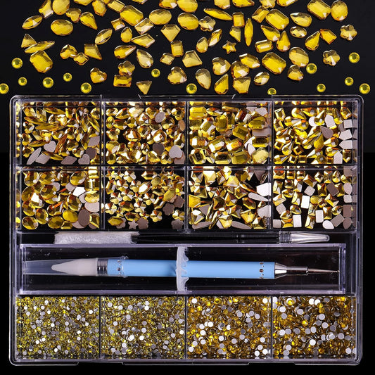 3320Pcs Lemon Yellow Nail Art Rhinestones Crystal,3D Rhinestones Gems Jewels Diamond,24 Types of 320 Diamonds + 3000 Round Beads, Crystals 3D Flat Back Gemstones for Nail DIY Crafts with Tweezers Pen