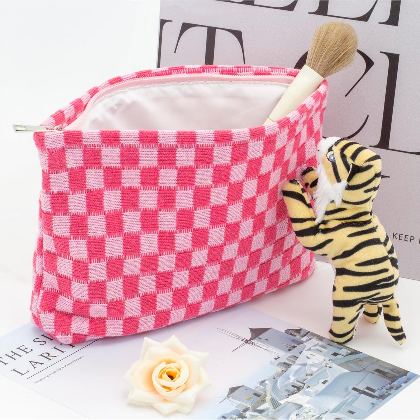 PAZIMIIK Knit Checkered Makeup Bag Large Zipper Make Up Accessory Pouch for Purse Cosmetic Brush Bag for Travel Essential,Hotpink