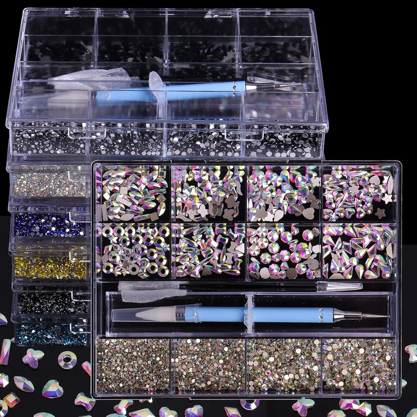 3320Pcs Lake Blue Nail Art Rhinestones Crystal,3D Rhinestones Gems Jewels Diamond,24 Types of 320 Diamonds + 3000 Round Beads, Crystals 3D Flat Back Gemstones for Nail DIY Crafts with Tweezers Pen
