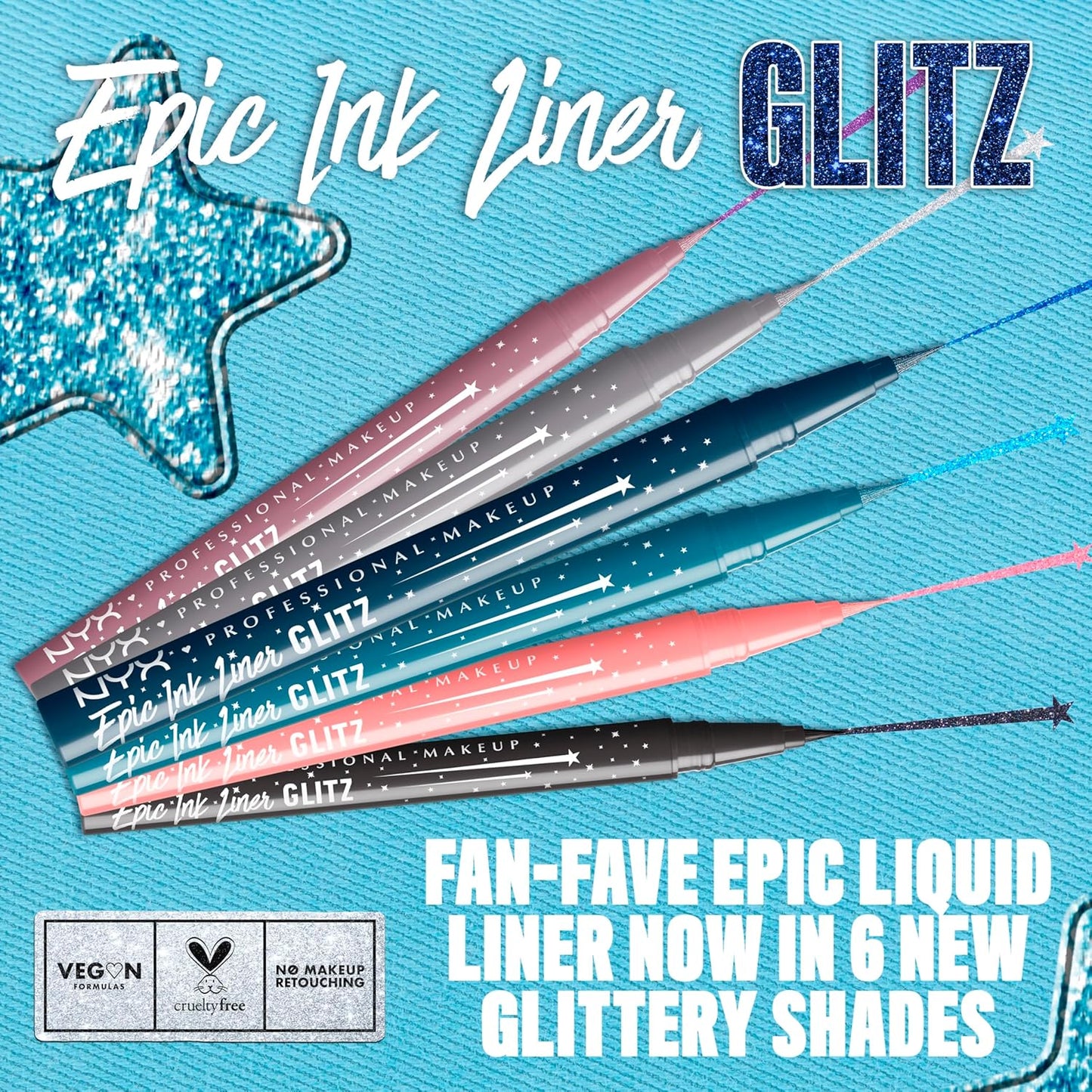 NYX PROFESSIONAL MAKEUP Epic Ink Glitz Liner, Waterproof Metallic Liquid Eyeliner with Vegan Formula - Tapered Twinkle (Shimmer Teal Blue)