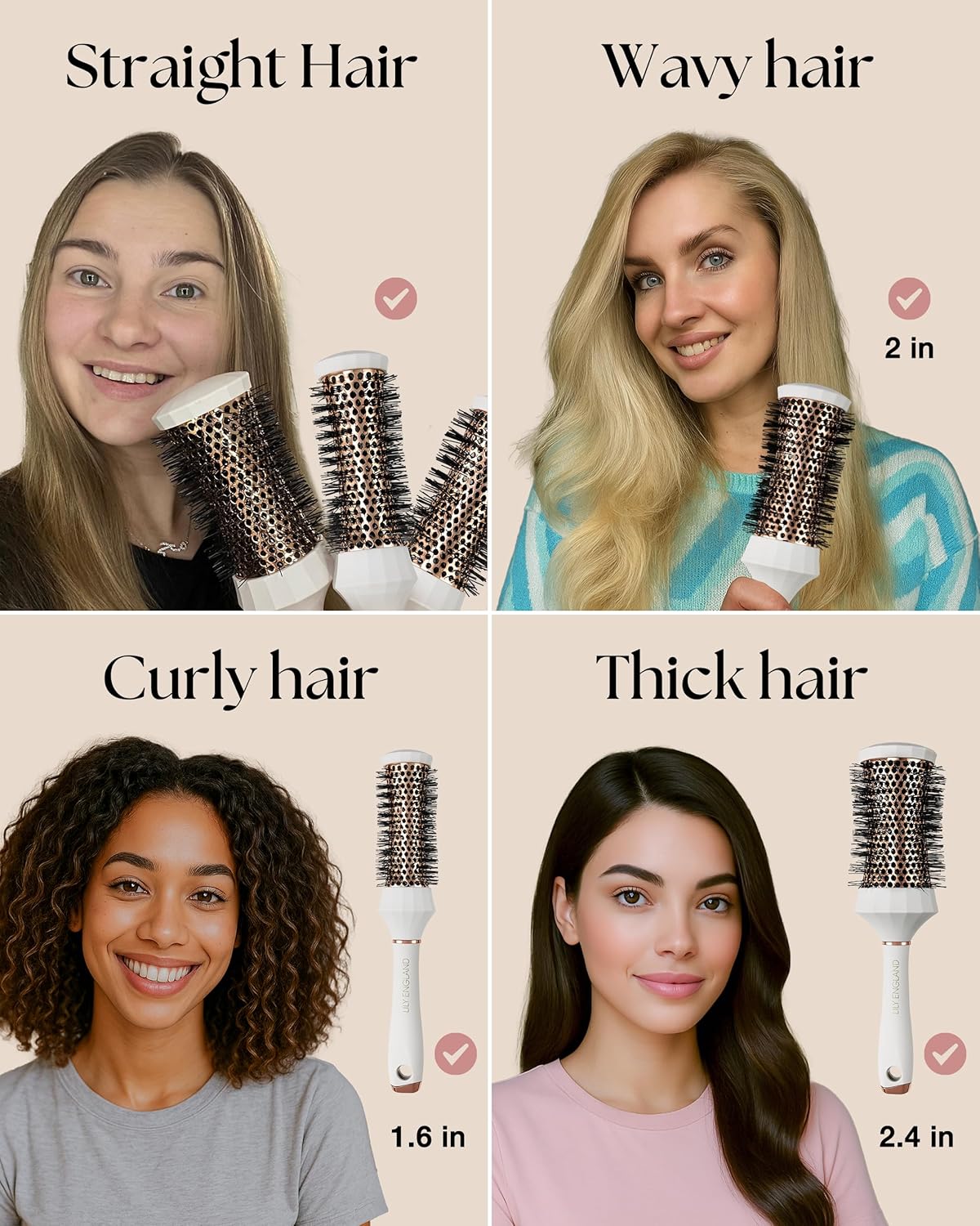 Lily England Round Hair Brush Set, 4 Piece Professional Blow Dry Kit with 3 Round Brushes and Comb for Styling, Beauty Gifts Sets for Women (White)