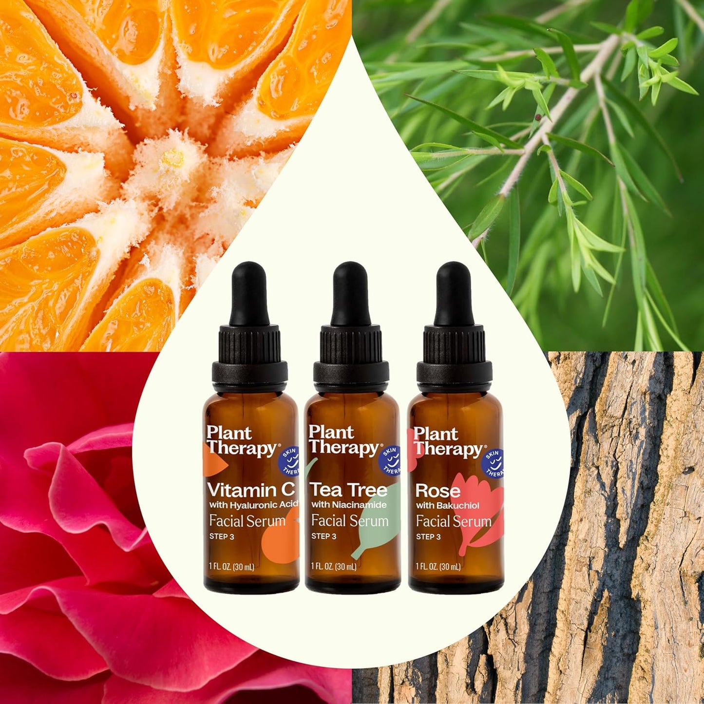 Plant Therapy Facial Serum Trio Set 1 oz each, Vitamin C & Hyaluronic Acid, Rose with Bakuchiol & Tea Tree with Niacinamide, Reduces the Appearance of Fine Lines & Wrinkles