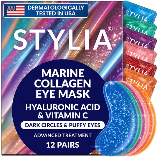 Stylia Under Eye Patches for Puffy Eyes and Dark Circles (12 Pairs) - Marine Collagen Under Eye Mask with Vitamin C, Hyaluronic Acid, Pearl Extract - Eye Masks for Dark Circles and Puffiness