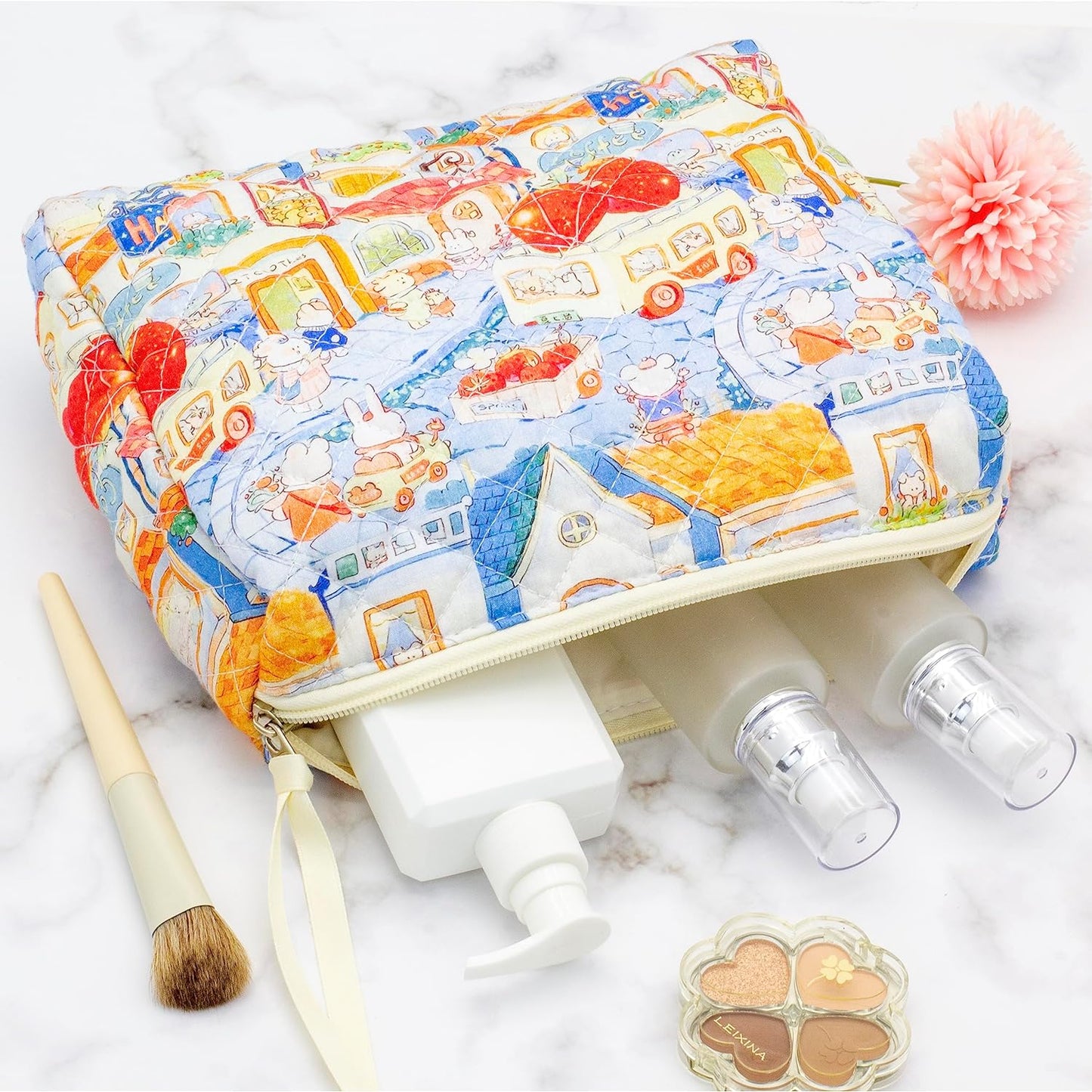 PAZIMIIK Quilted Makeup Bag Large Travel Zipper Soft Cosmetic Pouch for Women Girls Make Up,Little Bunny